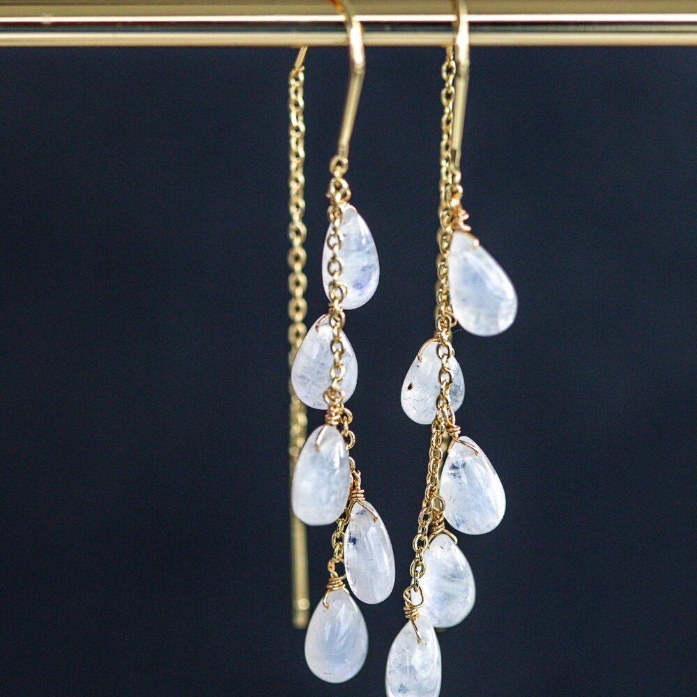 Moonstone Threader Earrings Gemstone Dangle Gold Non-tarnish Earrings Gorgeous - Picture 12 of 13